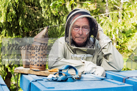 Beekeeper looking at camera