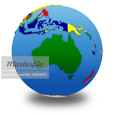 Australia on political 3D model of Earth with embossed continents and countries in various colors. 3D illustration isolated on white background with shadow.