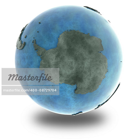 Antarctica on 3D model of planet Earth made of blue marble with embossed countries and blue ocean. 3D illustration isolated on white background with shadow.