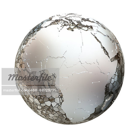 Africa on metallic model of planet Earth. Shiny steel continents with embossed countries and oceans made of steel plates. 3D illustration isolated on white background.