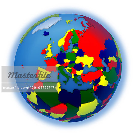 Europe on political 3D model of Earth with embossed continents and countries in various colors. 3D illustration isolated on white background.