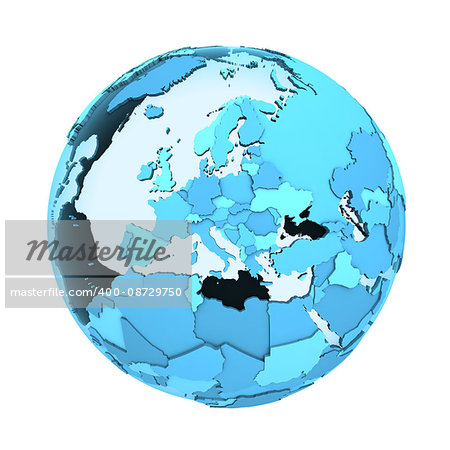 Europe on translucent model of planet Earth with visible continents blue shaded countries. 3D illustration isolated on white background.