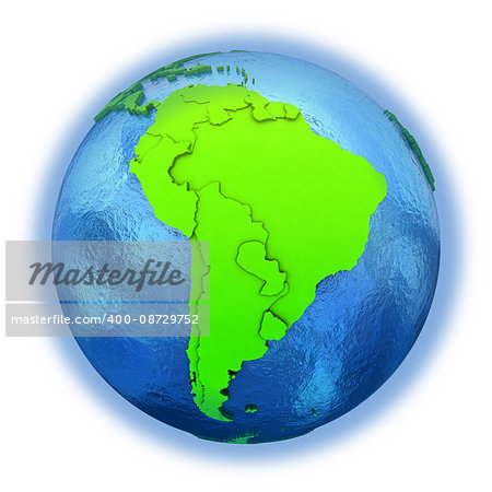 South America on elegant green 3D model of planet Earth with realistic watery blue ocean and green continents with visible country borders. 3D illustration isolated on white background.