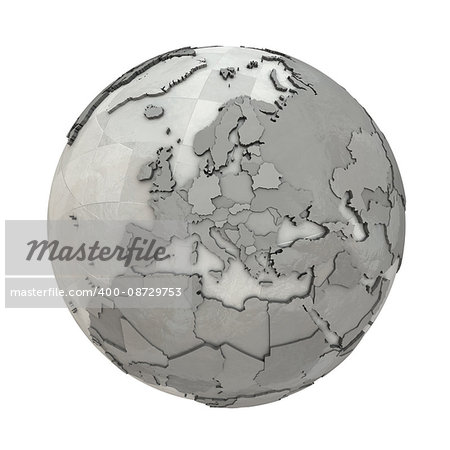 Europe on 3D model of metallic planet Earth made of steel plates with embossed countries. 3D illustration isolated on white background.
