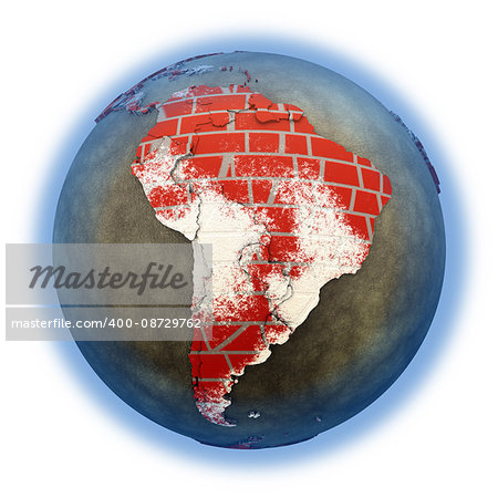 South America on brick wall model of planet Earth with continents made of red bricks and oceans of wet concrete. Concept of global construction. 3D illustration isolated on white background.