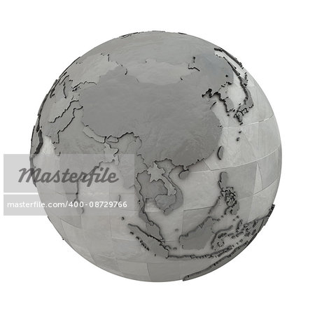 Southeast Asia on 3D model of metallic planet Earth made of steel plates with embossed countries. 3D illustration isolated on white background.