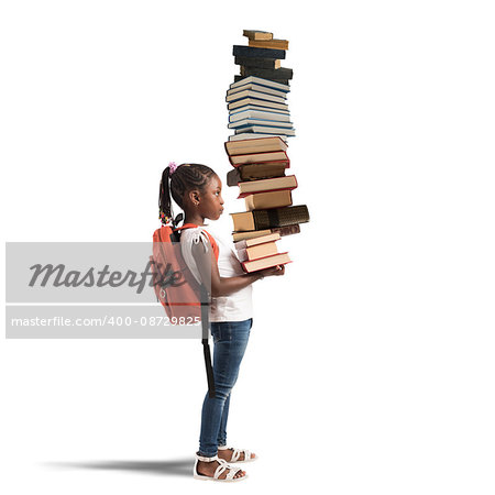 Child with backpack and a books pile