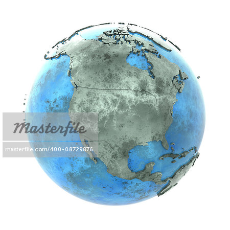 North America on 3D model of planet Earth made of blue marble with embossed countries and blue ocean. 3D illustration isolated on white background.