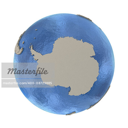 Antarctica on 3D model of blue Earth with embossed countries and blue ocean. 3D illustration isolated on white background.