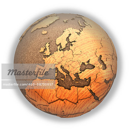 Europe on 3D model of wooden planet Earth with oceans made of cork and wooden continents with embossed countries. 3D illustration isolated on white background.