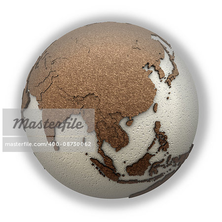 Southeast Asia on 3D model of planet Earth with oceans made of polystyrene and continents made of cork with embossed countries. 3D illustration isolated on white background.