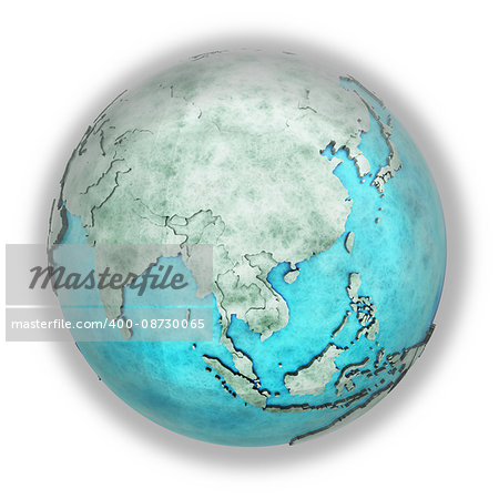 Southeast Asia on 3D model of planet Earth made of blue marble with embossed countries and blue ocean. 3D illustration isolated on white background.