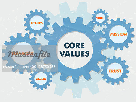 core values, teamwork, ethics, goals, vision, mission, trust,  - words in grunge flat design gear wheels infographic, business cultural riches concept