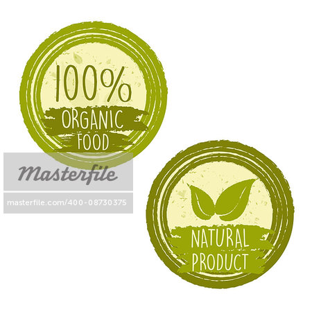 100 percent organic food and natural product with leaf signs in green circle labels, bio ecology concept