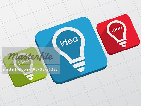 idea in light bulbs signs - white text and symbols in colorful flat design blocks, business creative concept