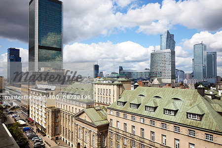 Old residences and modern office buildings at Warsaw city center.