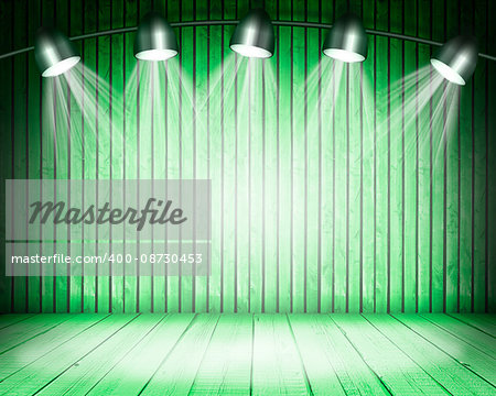 Illuminated empty green concert stage with soffits. 3D illustration