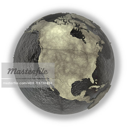 North America on 3D model of planet Earth with black oily oceans and concrete continents with embossed countries. Concept of petroleum industry. 3D illustration isolated on white background.