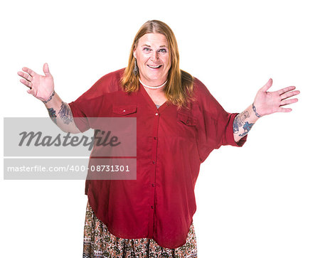 Transgender woman in pearl necklace on white background gesturing with hands out wide