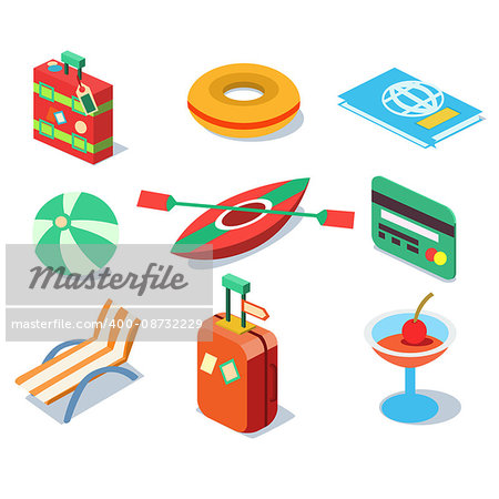 Travel objects icon set flat 3d isomectric modern design template