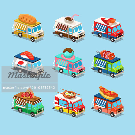Vans with food in style an Isometric. illustration