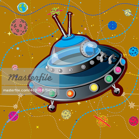 Realistic illustration of an unidentified flying object with an empty cabin in Space Background