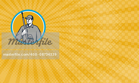 Business card  showing Illustration of power washer worker holding pressure washing gun on shoulder looking to the side viewed from front set inside circle on isolated background done in retro style.