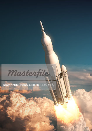 Space Launch System Takes Off Over The Clouds. 3D Illustration.