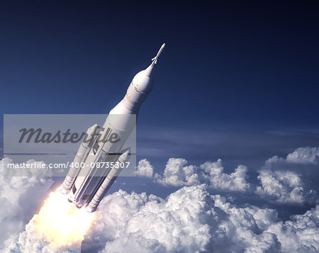 Space Launch System Takes Off In The Blue Sky. 3D Illustration.