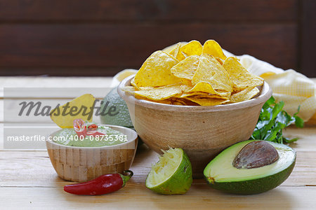 dip of avocado guacamole and corn chips, Mexican food