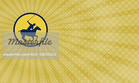 Business Card showing illustration of a polo player riding horse with polo stick mallet viewed from the side set inside circle on isolated background done in retro style .