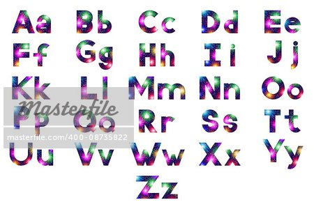 Alphabet, Set of English Letters Signs Uppercase and Lowercase, Stylized Colorful Holiday Firework with Stars and Flares Alphabet, Set of English Letters Signs Uppercase and Lowercase, Stylized Colorful Holiday Firework with Stars and Flares