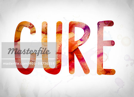 The word "Cure" written in watercolor washes over a white paper background concept and theme.