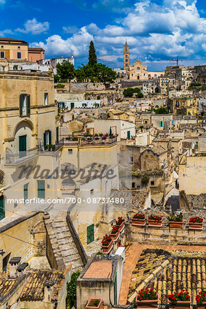 Overview of Sassi with Matera Cathedral in the background, Matera, Basilicata, Italy