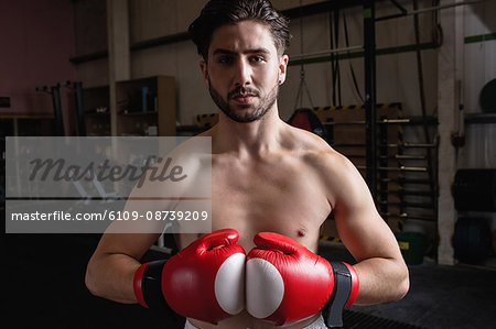 Portrait of boxer in boxing gloves at fitness studio