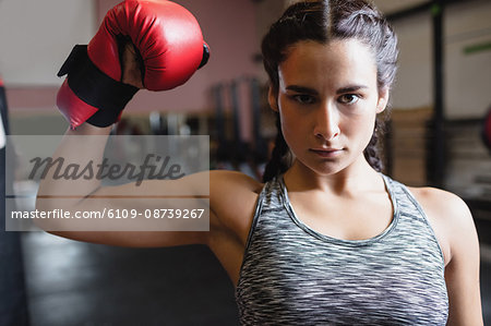 Portrait of female boxer in boxing gloves showing muscle in fitness studio