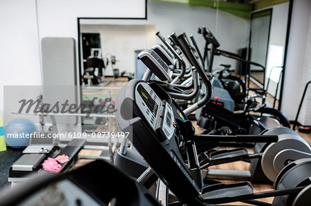 View of empty gym equipment in fitness studio
