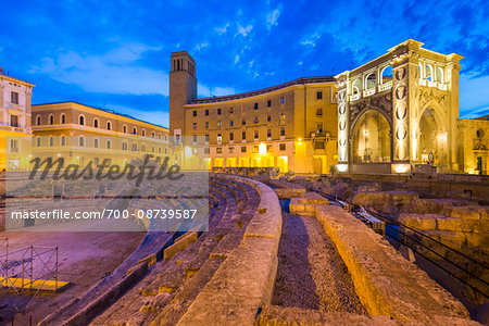 Roman Amphitheatre and Palazzo del Seggio in Piazza Sant'Oronzo at Dusk, Lecce, Puglia, Italy