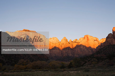 Towers of the Virgin and West Temple at sunrise, Zion National Park in autumn, Utah, United States of America, North America