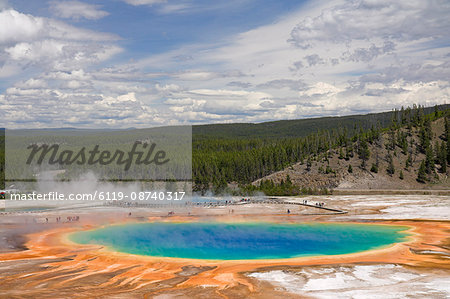 Tourists on the boardwalk around the Grand Prismatic Spring, Midway Geyser Basin, Yellowstone National Park, UNESCO World Heritage Site, Wyoming, United States of America, North America