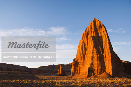 Sunrise at the Temple of the Sun and smaller Temple of the Moon in Cathedral Valley, Capitol Reef National Park, Utah, United States of America, North America