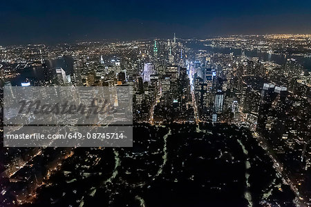 Aerial view from helicopter of Central Park, Empire State Building, New York, USA