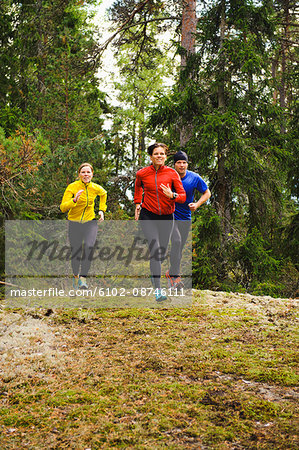 Three athletes jogging through forest