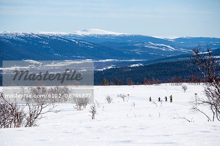 Winter landscape with people skiing on background