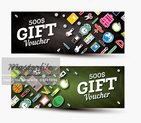 Gift voucher template with school supplies. Vector illustration.