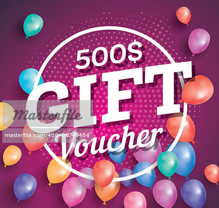 Gift Voucher on purple background with flying balloons and white circle frame. Vector illustration. Gift banner with halftone pattern.