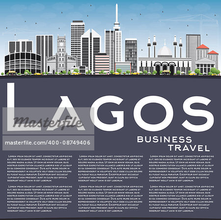 Lagos Skyline with Gray Buildings, Blue Sky and Copy Space. Vector Illustration. Business Travel and Tourism Concept with Modern Buildings. Image for Presentation Banner Placard and Web Site.