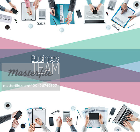 Business people team working together, hands top view, teamwork and cooperation concept