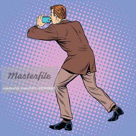 Man back photographed on a smartphone, pop art retro comic drawing illustration. Selfie blogger. Online game go
