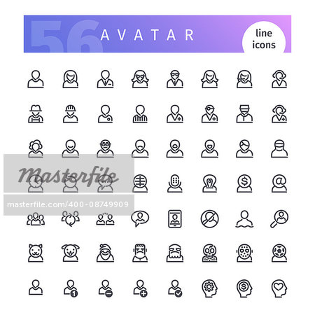 Set of 56 avatar line icons suitable for web, infographics and apps. Isolated on white background. Clipping paths included.